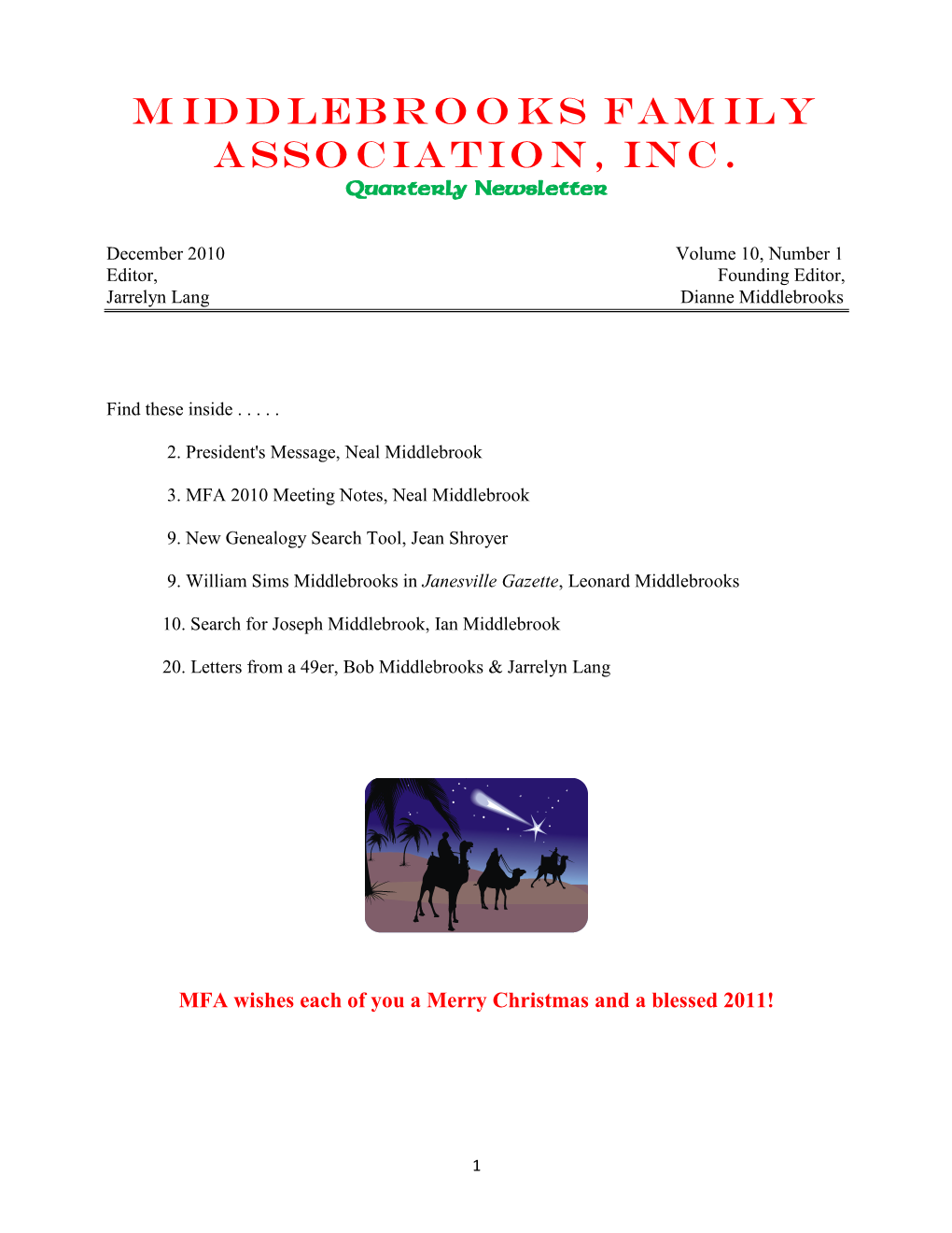 MIDDLEBROOKS FAMILY ASSOCIATION, INC. Quarterly Newsletter