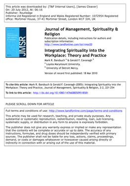 Integrating Spirituality Into the Workplace: Theory and Practice Mark R