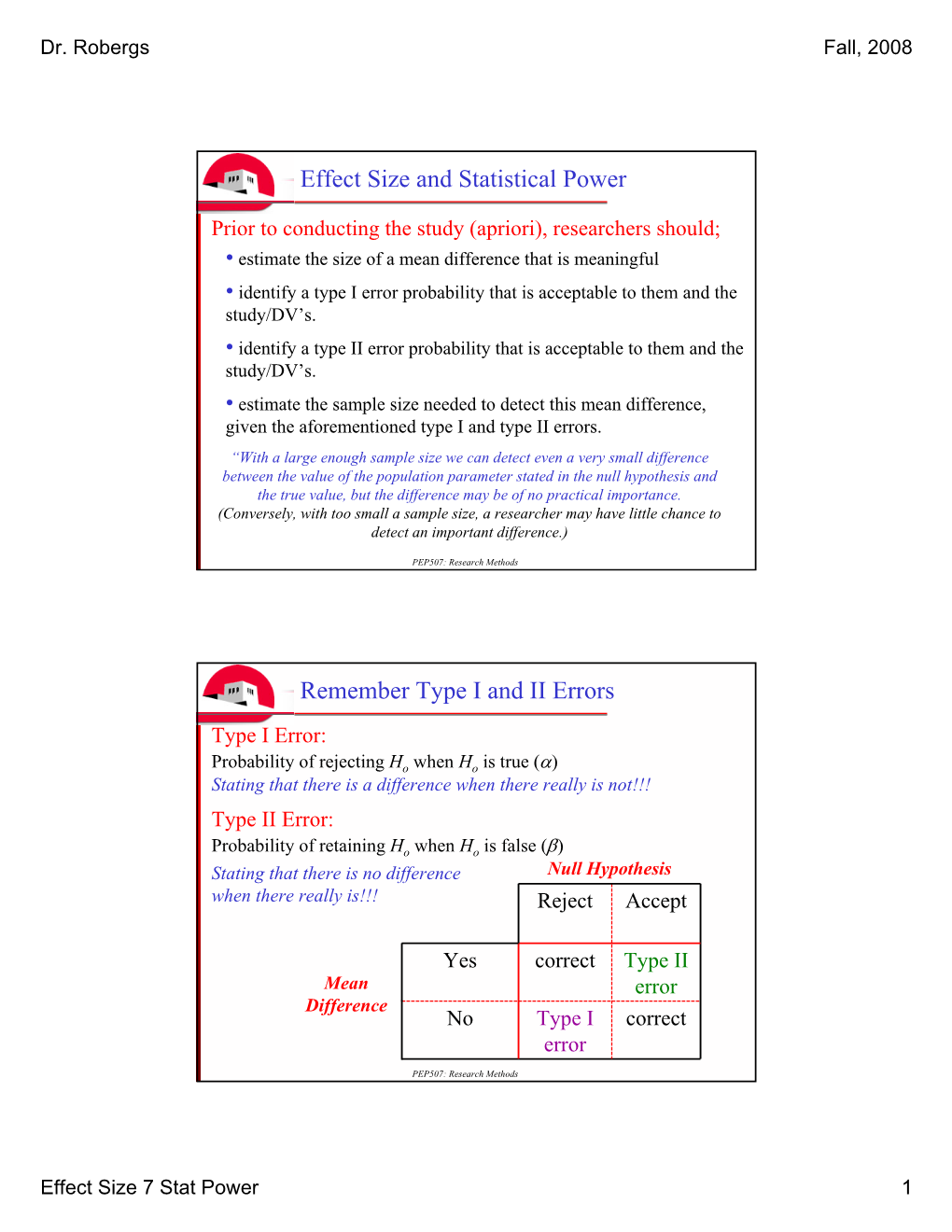 Effect Size and Statistical Power Remember Type I and II Errors