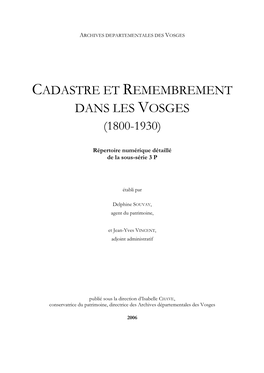 Cadastre Et Remembrement Dans Les Vosges (1800-1930)