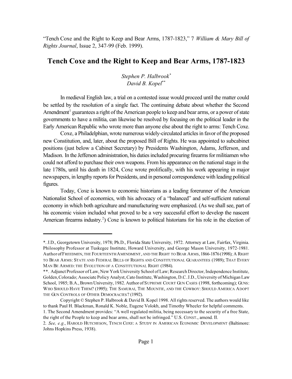 Tench Coxe and the Right to Keep and Bear Arms, 1787-1823,” 7 William & Mary Bill of Rights Journal, Issue 2, 347-99 (Feb