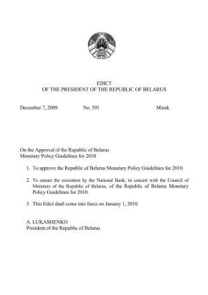 The Republic of Belarus Monetary Policy Guidelines for 2010