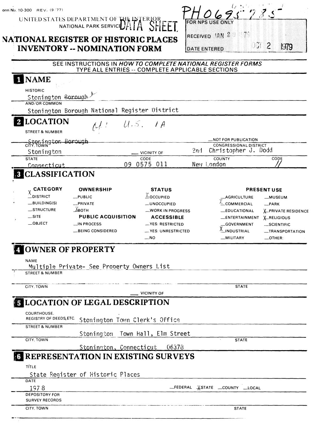 R. Ift STREET & NUMBER ' ', — — S Ton I Ng Ton Borausfe————————— —NOT for PUBLICATION CITY, TOWN CONGRESSIONAL DISTRICT Stoning Ton ___ VICINITY of -^ Christopher J