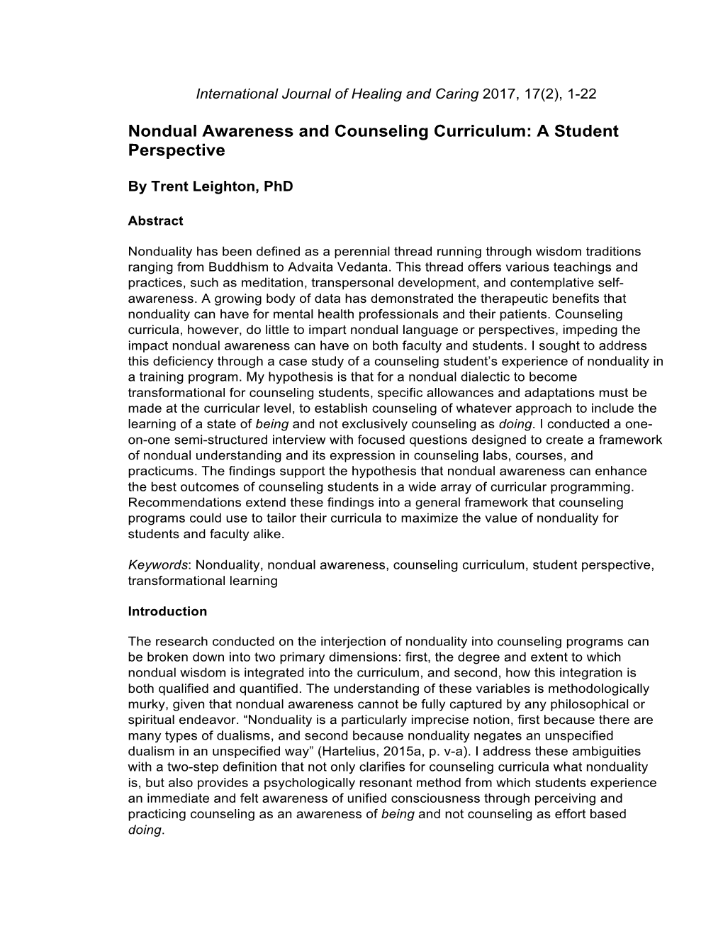 Nondual Awareness and Counseling Curriculum: a Student Perspective