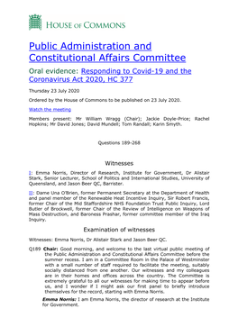 Public Administration and Constitutional Affairs Committee Oral Evidence: Responding to Covid-19 and the Coronavirus Act 2020, HC 377