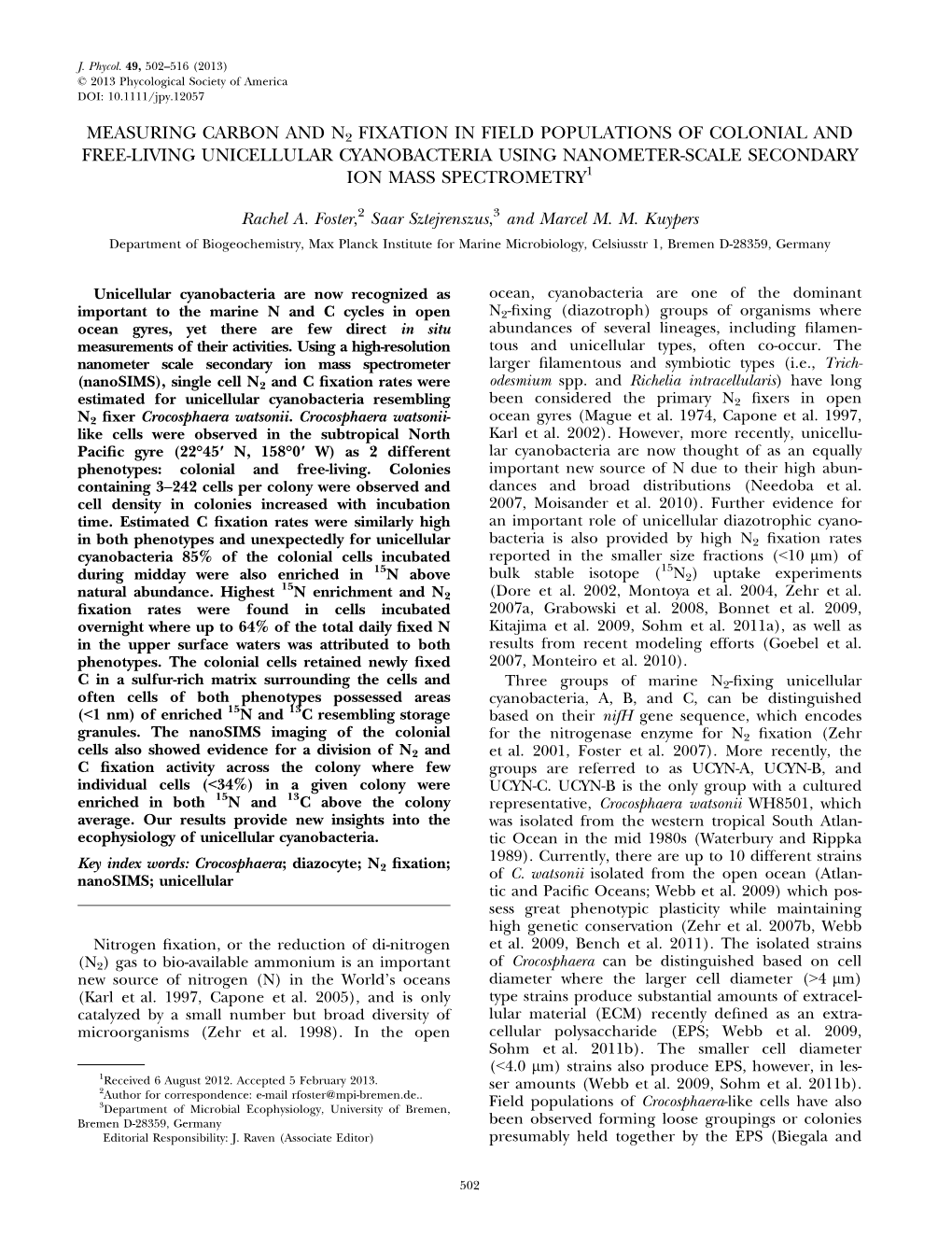 Measuring Carbon and N2 Fixation in Field Populations of Colonial and Free-Living Unicellular Cyanobacteria Using Nanometer-Scale Secondary Ion Mass Spectrometry1