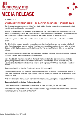 Labor Government Goes in to Bat for Point Cook Cricket