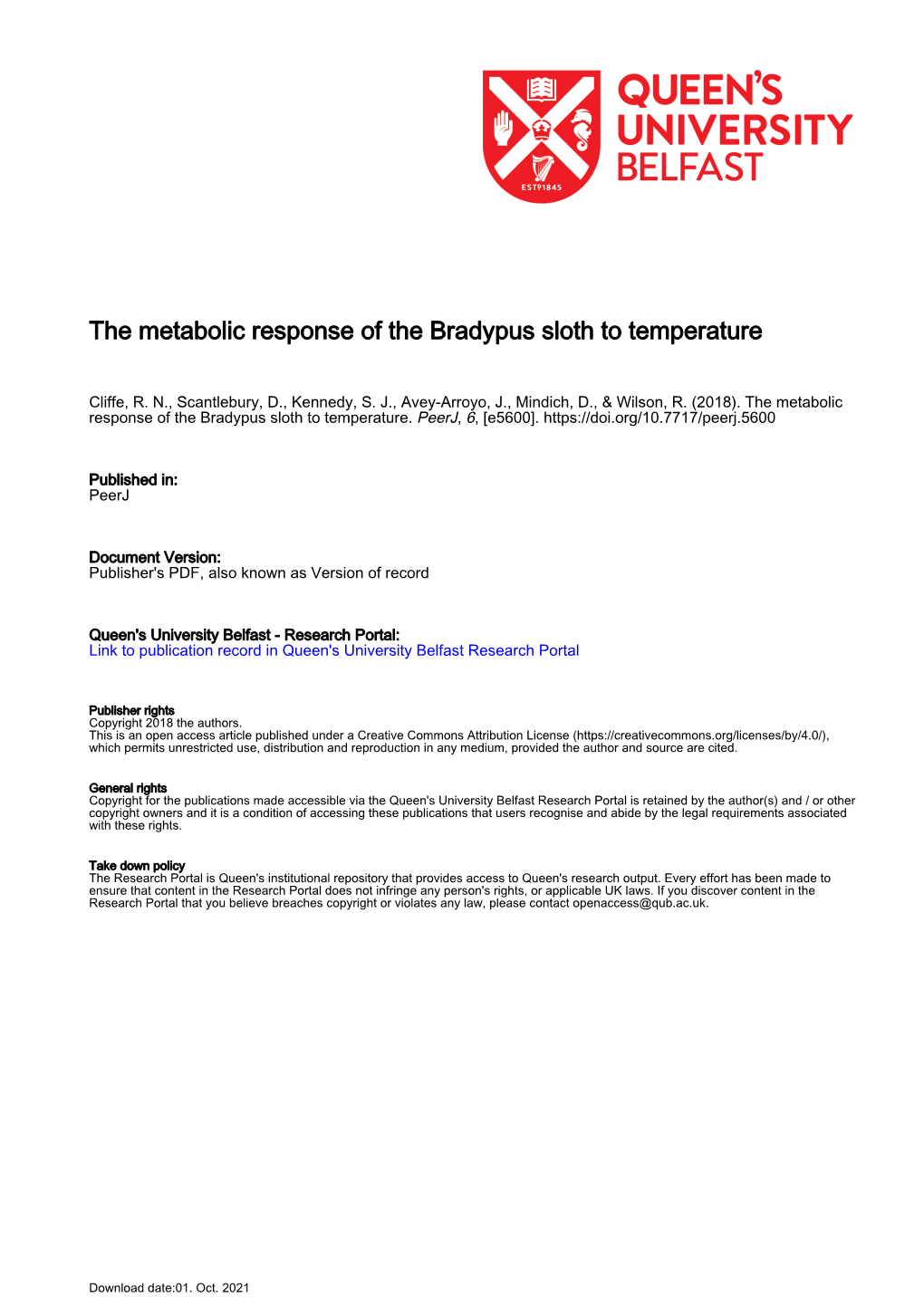 The Metabolic Response of the Bradypus Sloth to Temperature