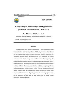 A Study Analysis on Challenges and Opportunities for Somali Education System (2016-2021)