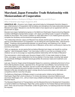 Maryland, Japan Formalize Trade Relationship with Memorandum Of