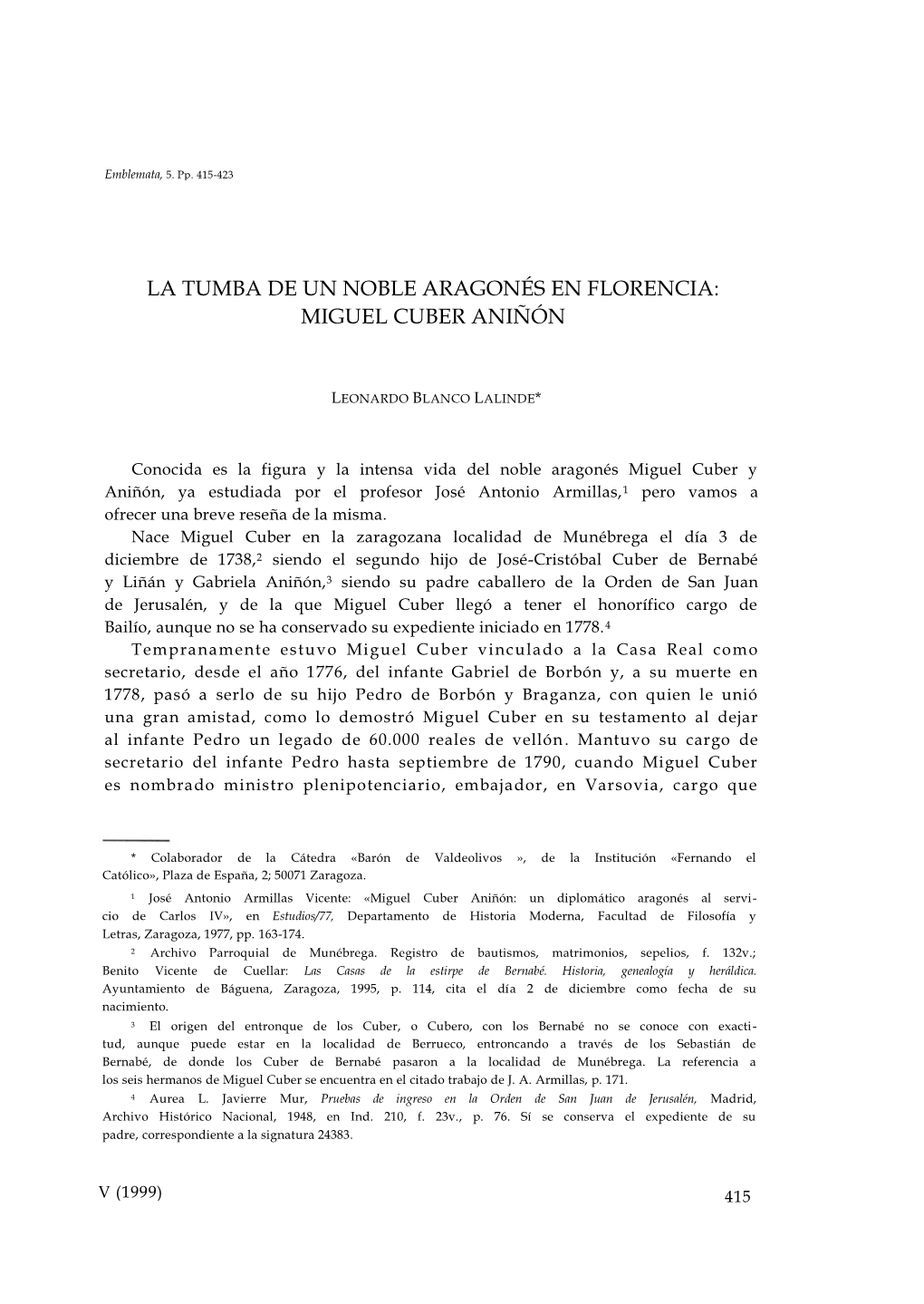 19. La Tumba De Un Noble Aragonés En Florencia: Miguel Cuber Aniñón, Por Leonardo Blanco Lalinde