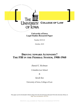 Driving Toward Autonomy? the FBI in the Federal System, 1908-1960