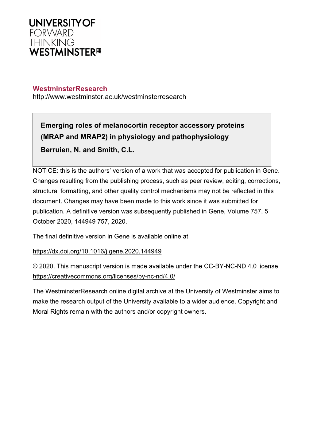 MRAP and MRAP2) in Physiology and Pathophysiology Berruien, N