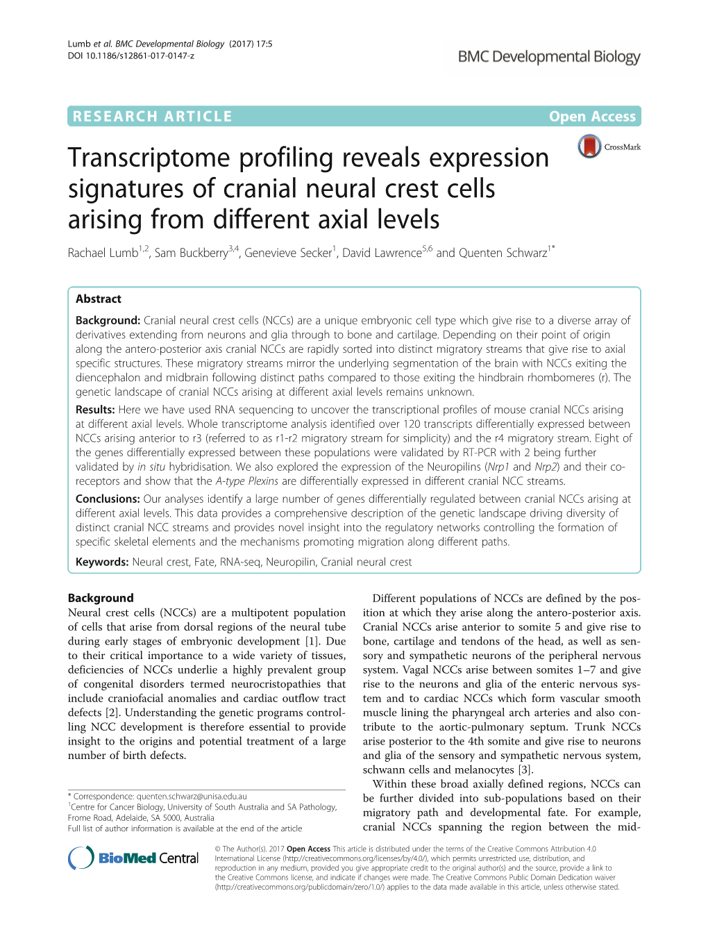Transcriptome Profiling Reveals Expression Signatures of Cranial