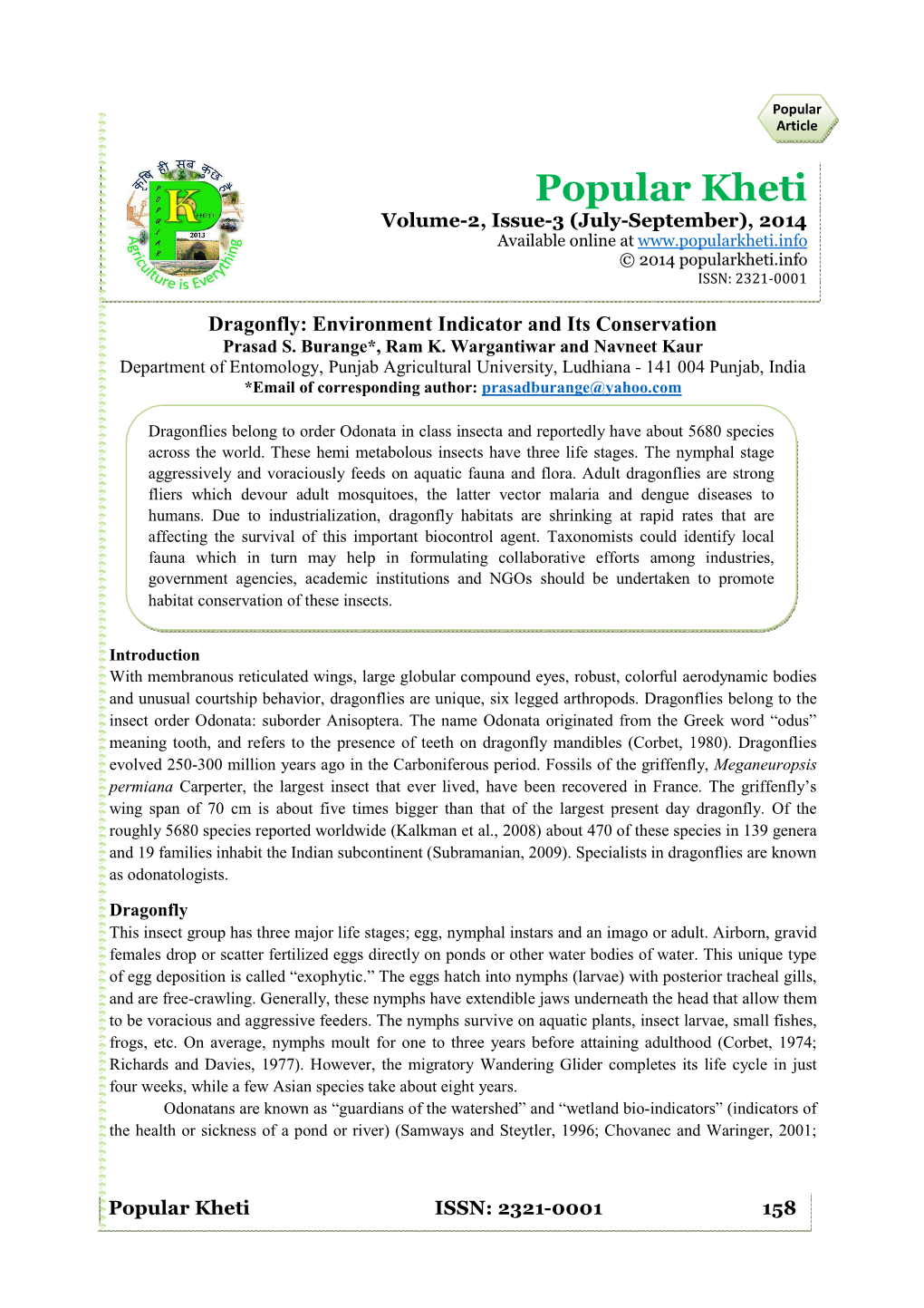 Dragonfly: Environment Indicator and Its Conservation Prasad S