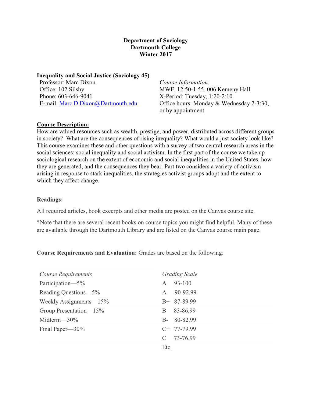 Department of Sociology Dartmouth College Winter 2017 Inequality And