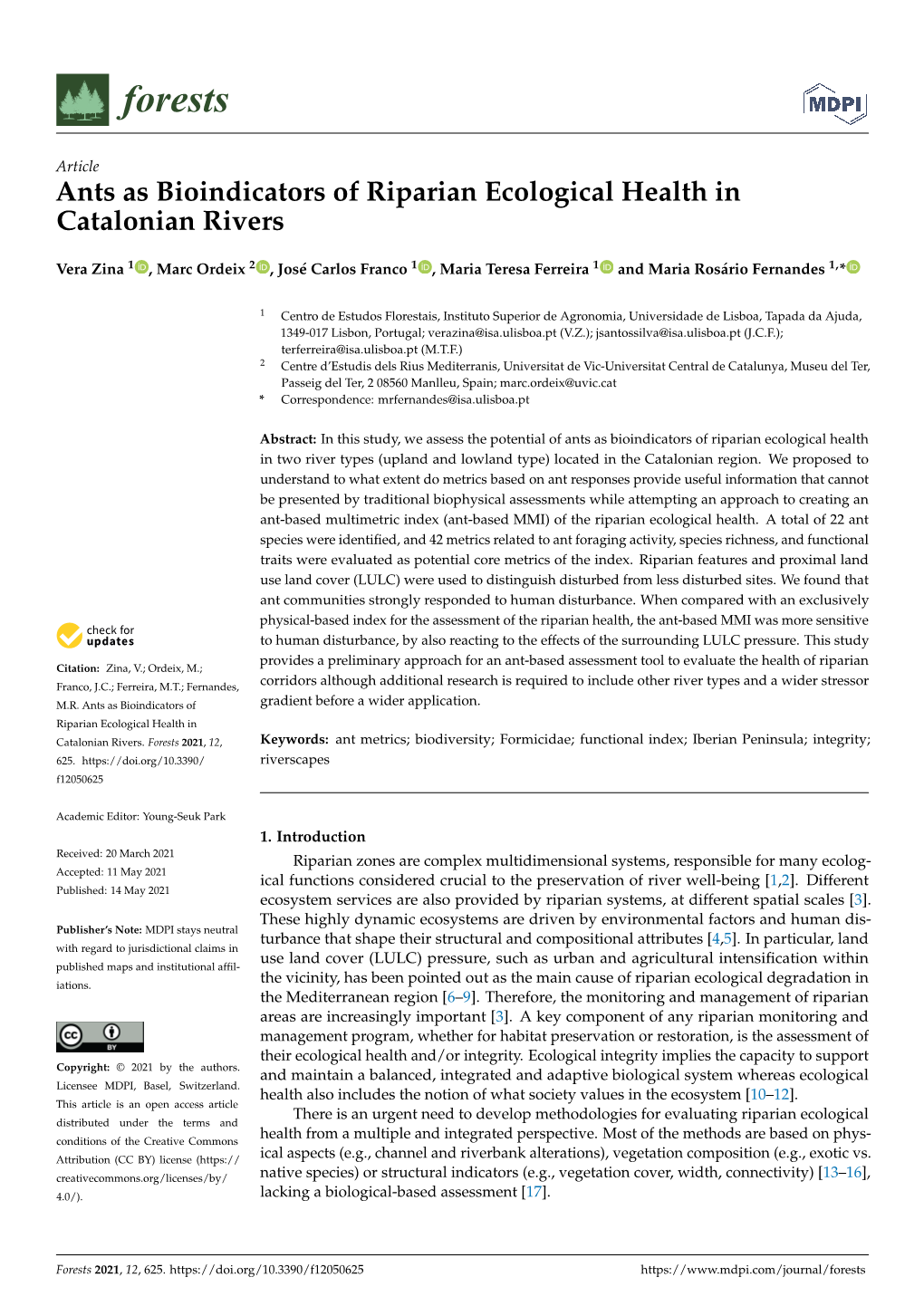 Ants As Bioindicators of Riparian Ecological Health in Catalonian Rivers