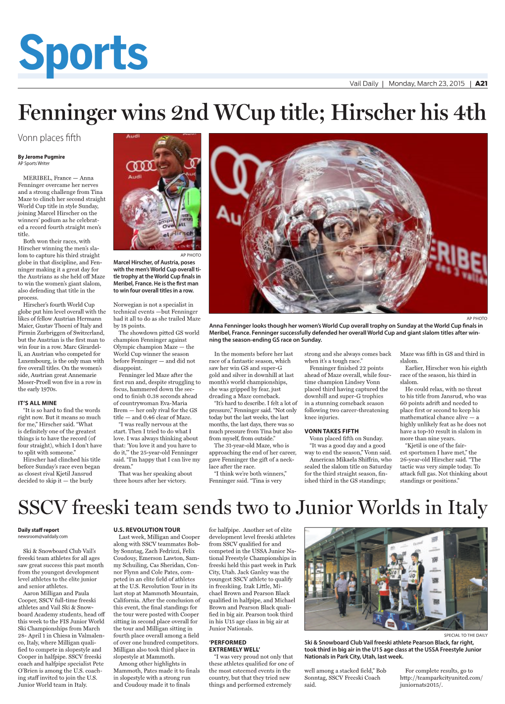 Fenninger Wins 2Nd Wcup Title; Hirscher His 4Th Vonn Places Fifth