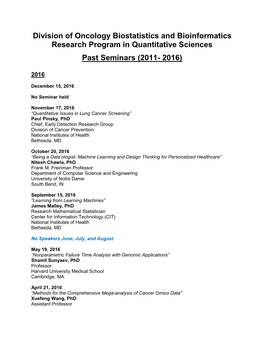 Division of Oncology Biostatistics and Bioinformatics Research Program in Quantitative Sciences Past Seminars (2011- 2016)