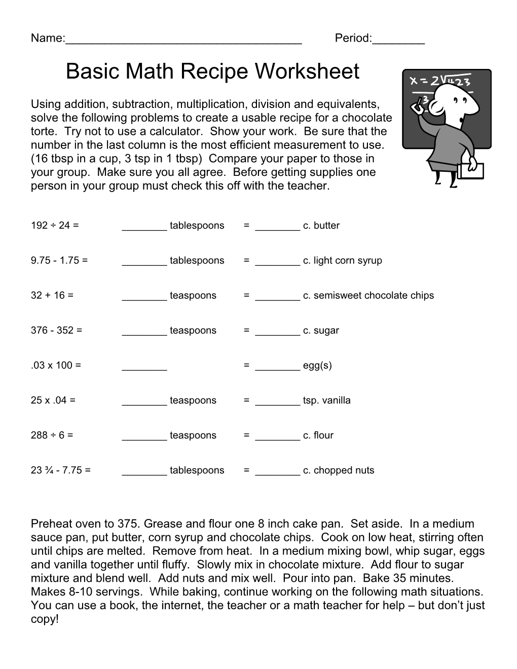 Basic Math Recipe Worksheet