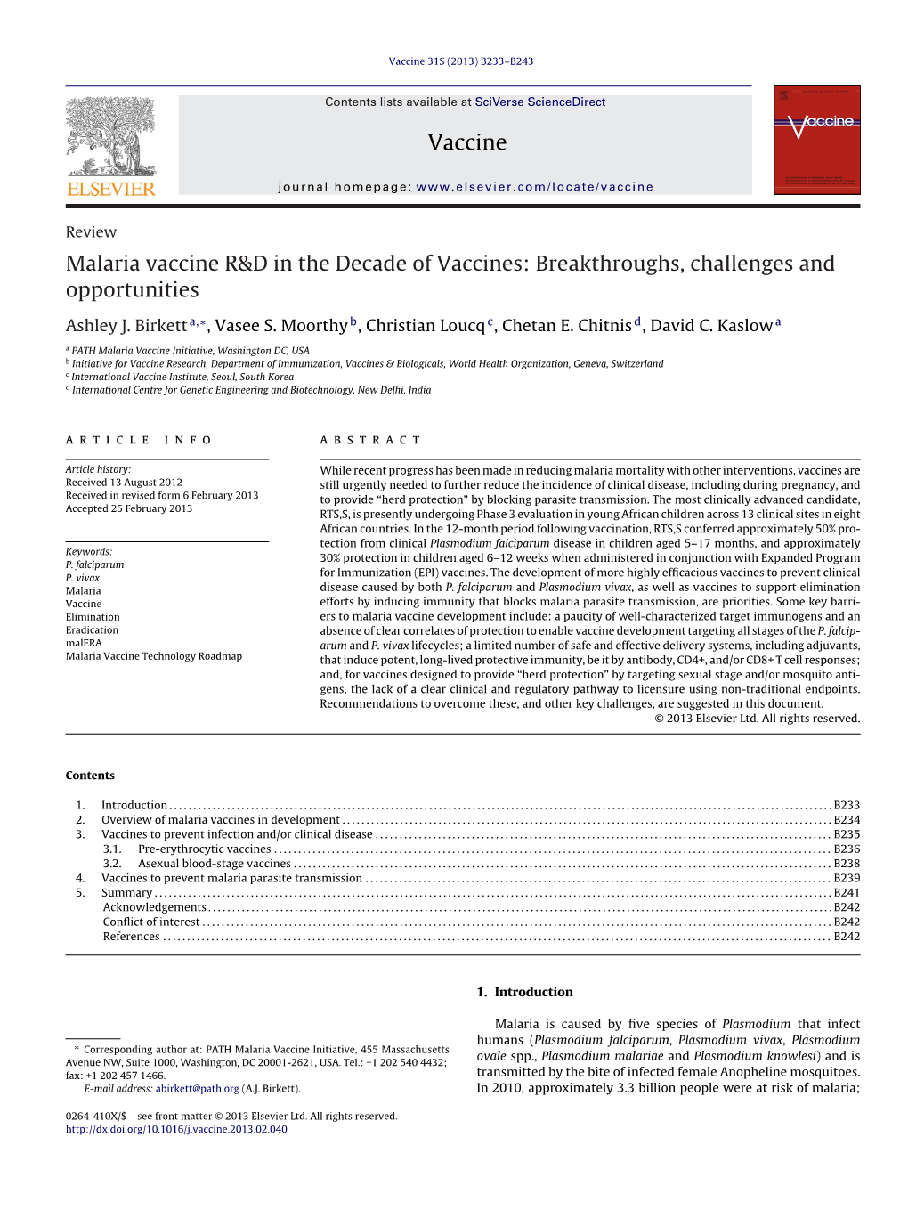 Malaria Vaccine R&D in the Decade of Vaccines