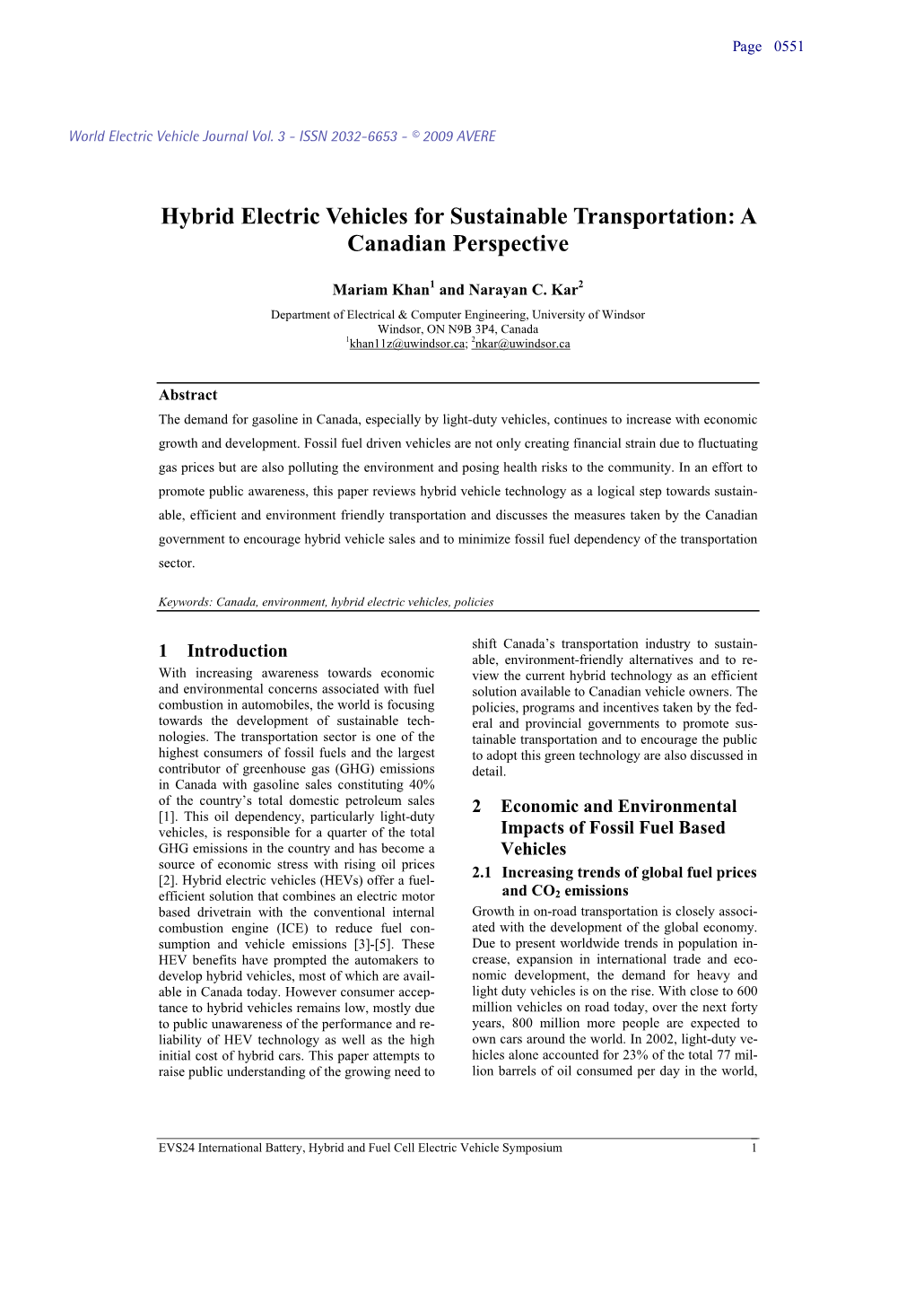 Hybrid Electric Vehicles for Sustainable Transportation a Canadian