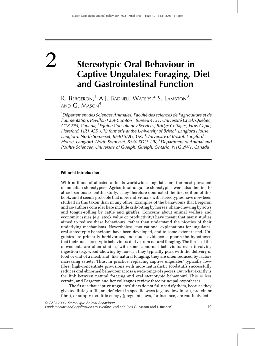 2 Stereotypic Oral Behaviour in Captive Ungulates: Foraging, Diet and Gastrointestinal Function