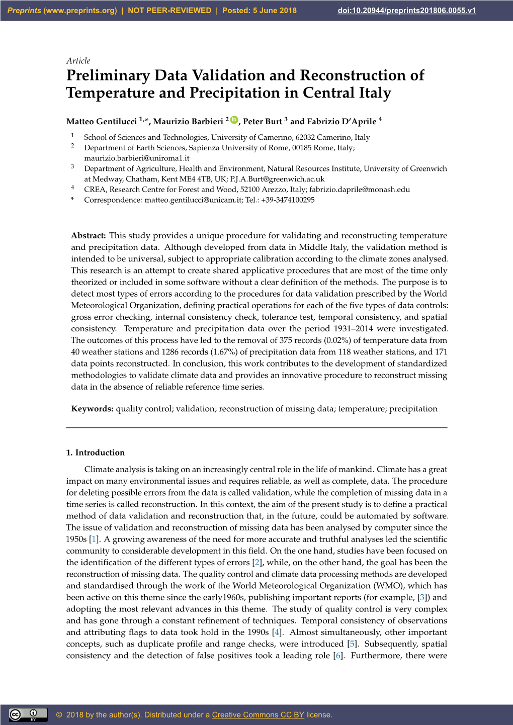 Preliminary Data Validation and Reconstruction of Temperature and Precipitation in Central Italy