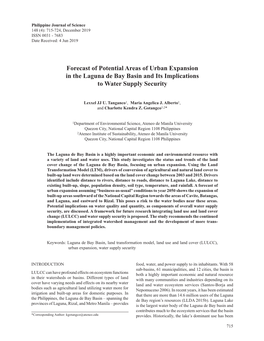 Forecast of Potential Areas of Urban Expansion in the Laguna De Bay Basin and Its Implications to Water Supply Security