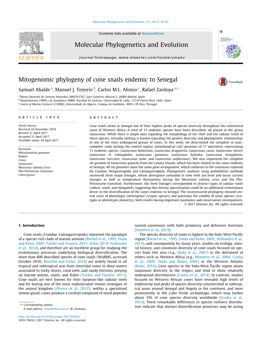 Mitogenomic Phylogeny of Cone Snails Endemic to Senegal Molecular Phylogenetics and Evolution