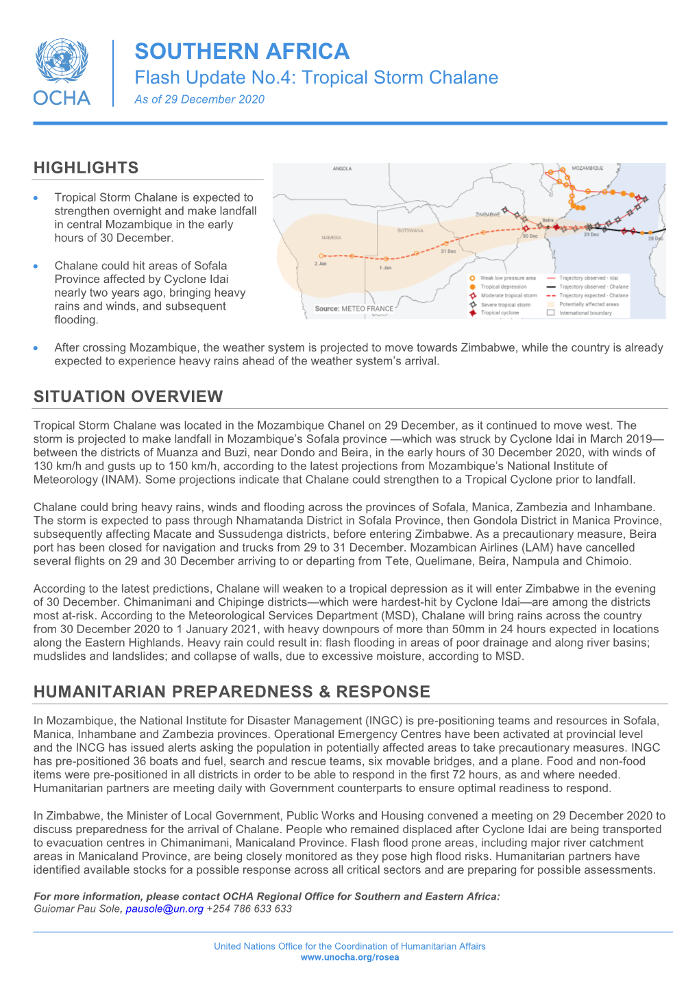 SOUTHERN AFRICA Flash Update No.4: Tropical Storm Chalane As of 29 December 2020