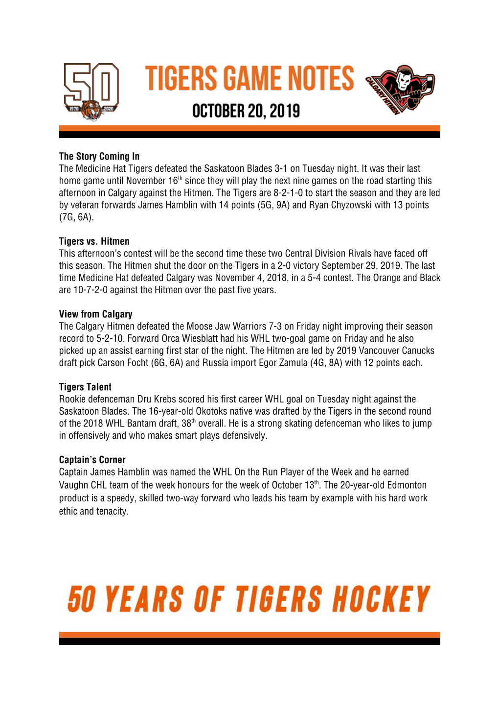 The Story Coming in the Medicine Hat Tigers Defeated the Saskatoon Blades 3-1 on Tuesday Night. It Was Their Last Home Game Unti