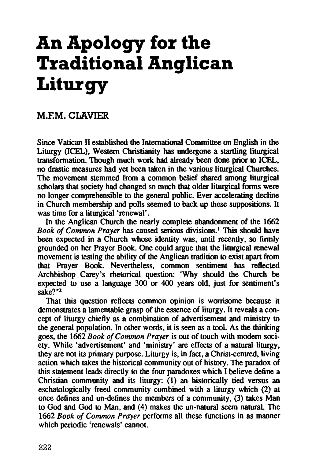 An Apology for the Traditional Anglican Liturgy