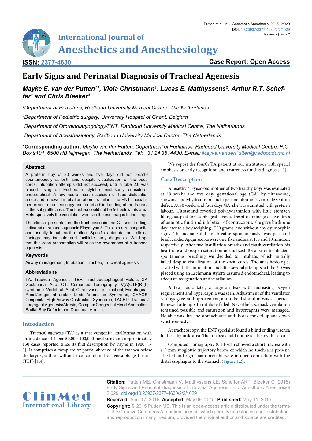 Early Signs and Perinatal Diagnosis of Tracheal Agenesis Mayke E