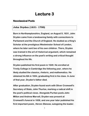 Lecture 3 Neoclassical Poets John Dryden