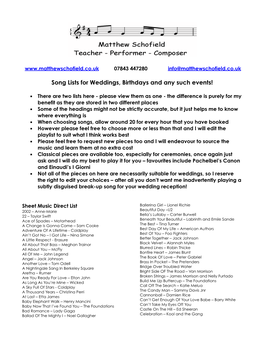 Song Lists for Weddings, Birthdays and Any Such Events!