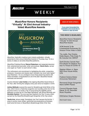 Musicrow Honors Recipients “Virtually” at 33Rd Annual Industry