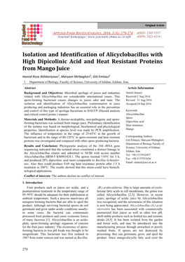 Isolation and Identification of Alicyclobacillus with High Dipicolinic Acid and Heat Resistant Proteins from Mango Juice