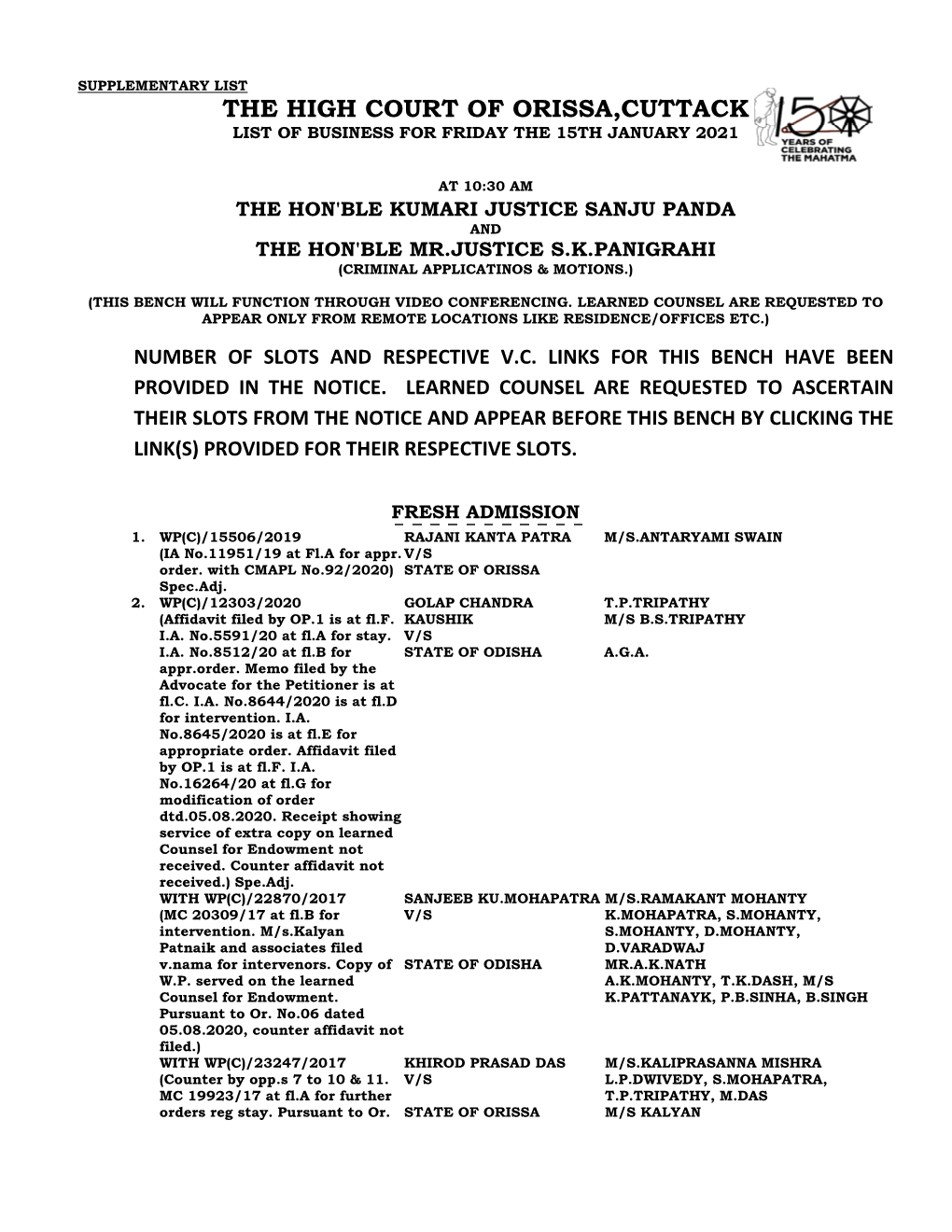 The High Court of Orissa,Cuttack List of Business for Friday the 15Th January 2021
