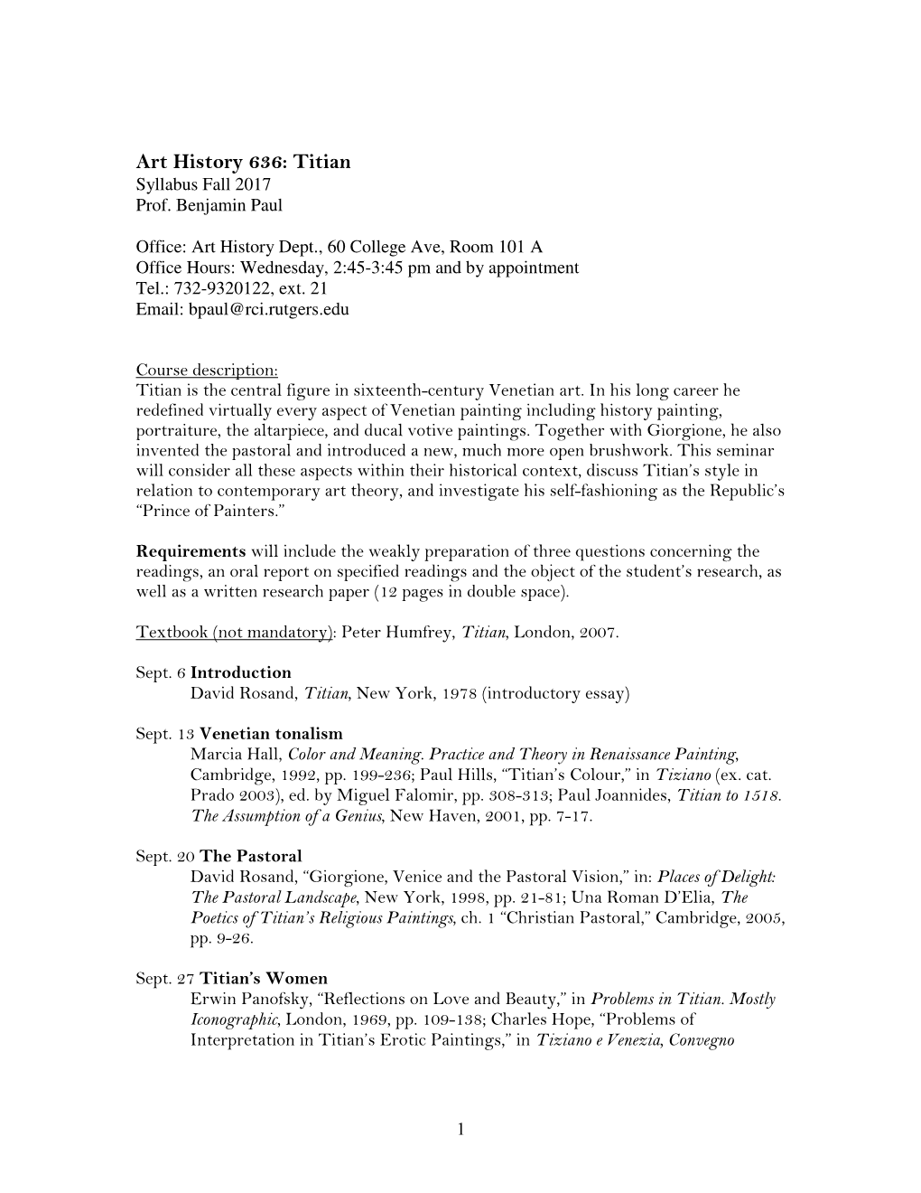 Art History 636: Titian Syllabus Fall 2017 Prof