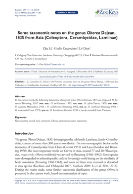 Some Taxonomic Notes on the Genus Oberea Dejean, 1835 from Asia (Coleoptera, Cerambycidae, Lamiinae)