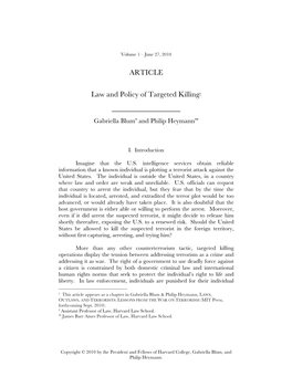 Law and Policy of Targeted Killing, 1 HARV. NAT'l SEC. J