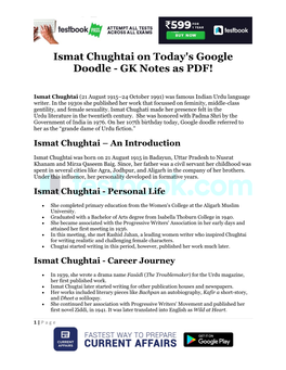 Ismat Chughtai on Today's Google Doodle - GK Notes As PDF!