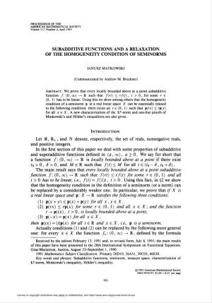 Subadditive Functions and a Relaxation of the Homogeneity Condition of Seminorms