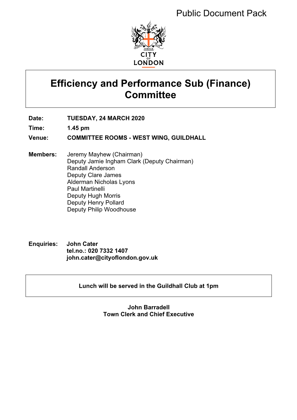(Public Pack)Agenda Document for Efficiency and Performance Sub (Finance) Committee, 24/03/2020 13:45