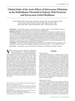 Clinical Study of the Acute Effects of Intravenous Nifekalant on the Deﬁbrillation Threshold in Patients with Persistent and Paroxysmal Atrial Fibrillation