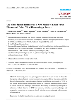 Use of the Syrian Hamster As a New Model of Ebola Virus Disease and Other Viral Hemorrhagic Fevers