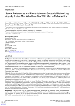 Sexual Preferences and Presentation on Geosocial Networking Apps by Indian Men Who Have Sex with Men in Maharashtra