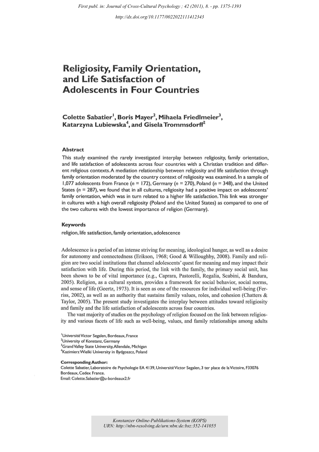 Religiosity, Family Orientation, and Life Satisfaction of Adolescents in Four Countries