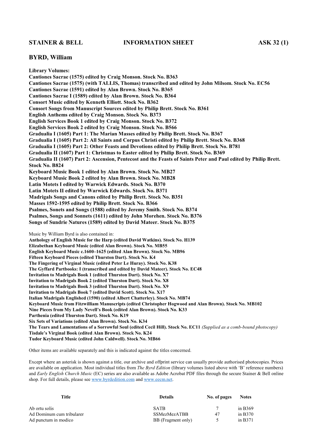 STAINER & BELL INFORMATION SHEET ASK 32 (1) BYRD, William